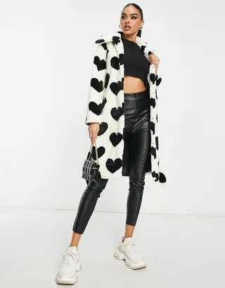 QED London longline faux fur coat in heart print