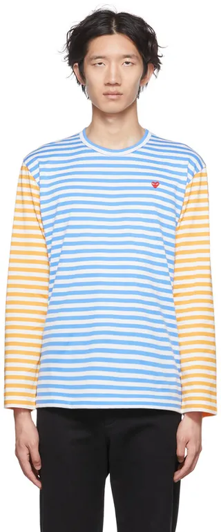 Comme des Garçons Play Blue & Yellow Heart Long Sleeve T-Shirt