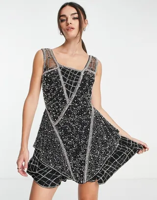 ASOS DESIGN beaded mini dress with layered skirt and linear embellishment detail in black