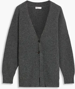 Bead-embellished ribbed-knit cardigan