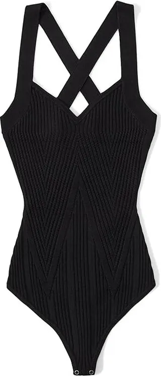Abercrombie & Fitch Glossy Rib Crossback Bodysuit (Black) Women's Jumpsuit & Rompers One Piece