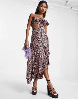 Topshop one shoulder ruffle midi dress with cut out side