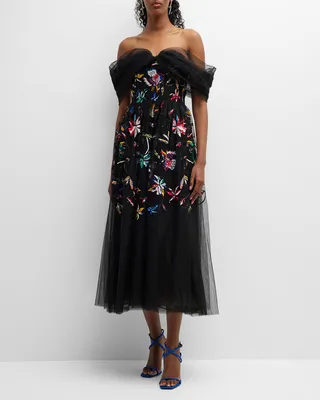 Tulle Off-Shoulder Cocktail Dress with Embroidered Floral Details