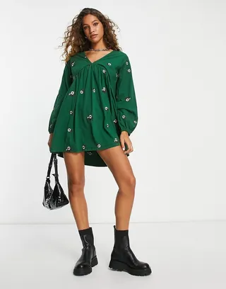 ASOS DESIGN v neck smock mini dress with all over daisy embroidery in forest green