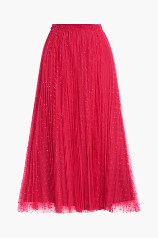 Pleated ruffle-trimmed point d'esprit midi skirt
