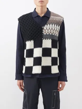 Patchwork V-neck Wool Sweater Vest
