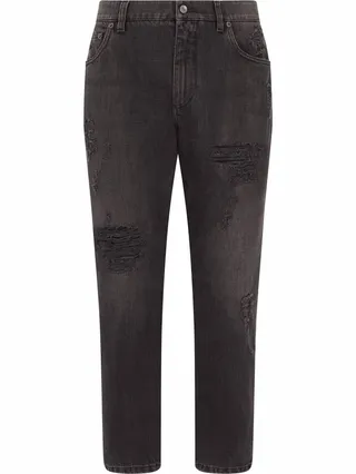 Distressed Mid-Rise Tapered Jeans