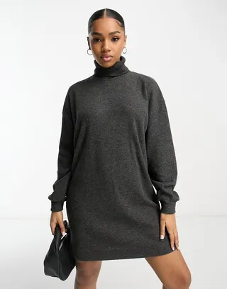 Miss Selfridge cozy soft turtle neck mini dress in charcoal