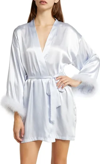 Feather Trim Satin Robe