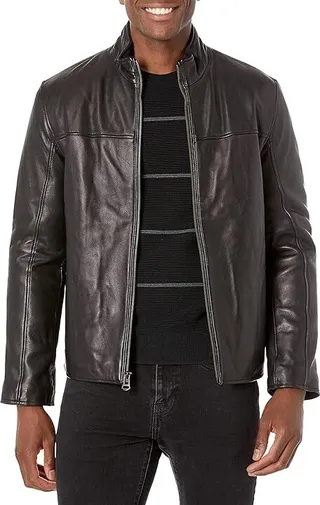 Cole Haan Men's Smooth Lamb Leather Jacket With Convertible Collar (Java) Men's Jacket