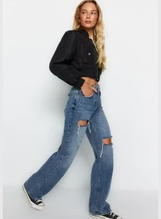 Blue Ripped High Waist Wide Leg Jeans TWOAW24JE00162