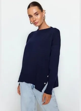 Navy Blue Button Detailed Knitwear Sweater TWOAW24KZ00519