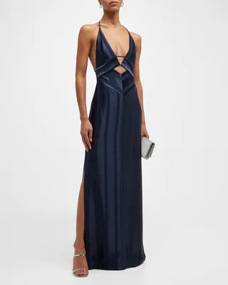 Prism Pinstripe Cutout Thigh-Slit Maxi Dress