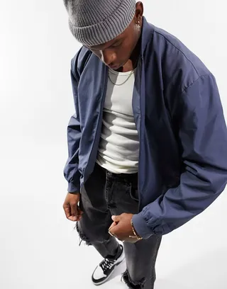 ASOS DESIGN oversized bomber jacket in blue gray