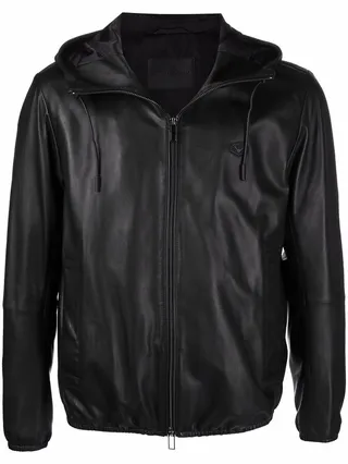 Hooded Logo-Plaque Leather Jacket