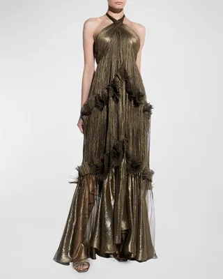Zadie B Metallic Tiered Ruffle Halter Gown