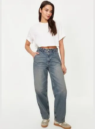 Dark Blue Pale Effect Vintage Low Waist Skater Jeans