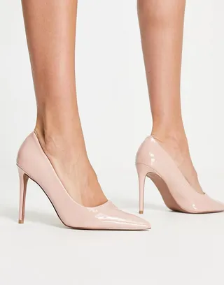 ASOS DESIGN Penza pointed high heeled pumps in beige patent