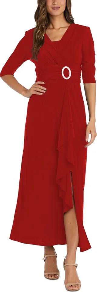 R & M Richards Women's Cascading Ruffle Side-Slit Gown