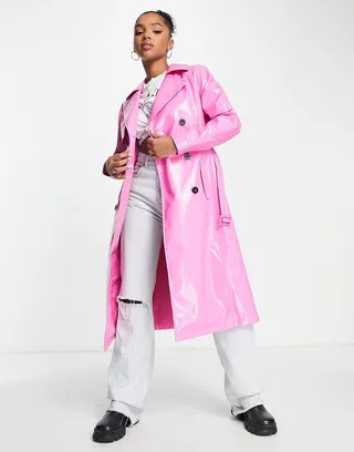 Miss Selfridge vinyl faux leather belted trench coat in bright pink