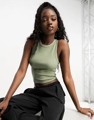 Stradivarius high neck seamless ribbed tank top in khaki