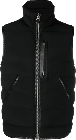 Black Leather-Trimmed Padded Gilet