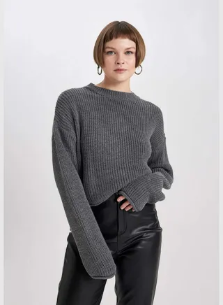 Woman Cropped Fit Crew Neck Long Sleeve Tricot Pullover