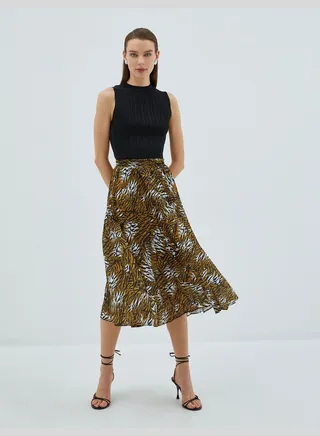Leopard Pleated Midi Skirt