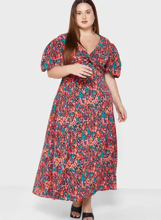 Plunge Neck Floral Print Dress