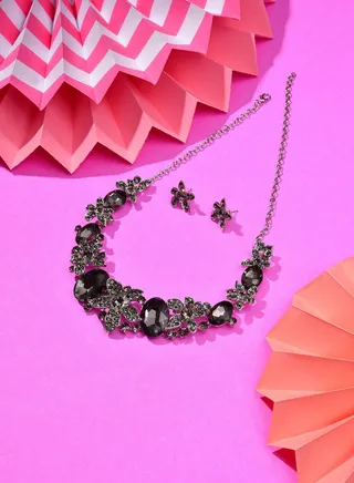 Silver Plated Designer Stone Necklace and Earring Set