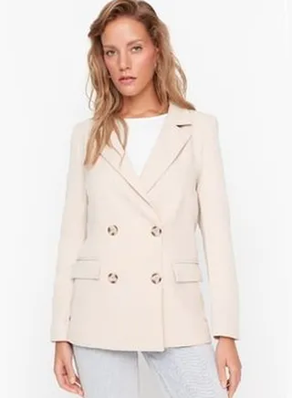 Beige Regular Lined Double Breasted Blazer with Closure TWOSS21CE0107