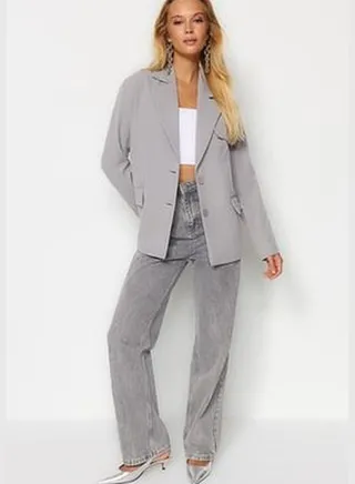 Gray Oversize Lined Woven Blazer Jacket TWOSS22CE0077