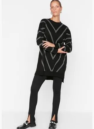 Black Glittery Long Knitwear Sweater TCTAW22AK0129