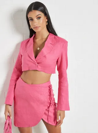 Cropped Linen Blazer Pink