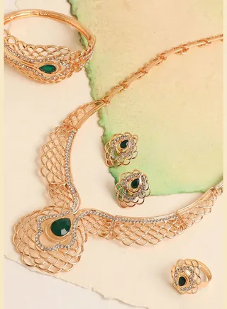 Gold Plated Designer Stone Necklace, Earring, Ring and Bracelet Set