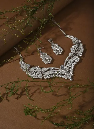 Silver Plated Designer Stone Necklace and Earring Set