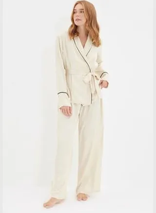Beige Piping Detailed Viscose Woven Pajamas Set THMAW22PT1109