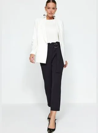 Ecru Regular Lined Double Breasted Blazer with Closure TWOSS23BC00106