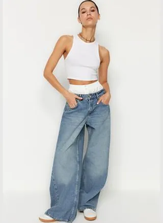 Blue Boxer Stitch Detail Low Waist Wide Leg Jeans TWOSS24JE00053