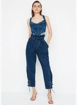 X Sagaza Studio Navy Blue Belted Ruffle Detailed Jeans TPRAW22PL0596
