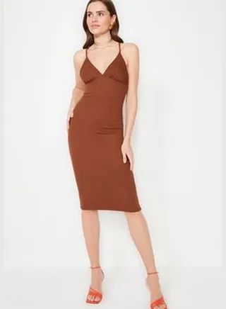 Dark Brown Back Detailed Evening Dress TPRAW22EL1040