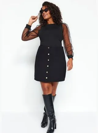 Black Plain Basic Tweed Plus Size Skirt TBBAW24AZ00035