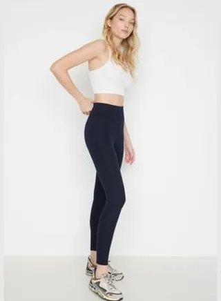 Navy Blue High Waist Basic Knitted Interlock Leggings With Elastic Waist TWOAW20TA0047