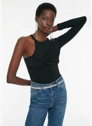 Black Shirred Detailed Single Sleeve Bodysuit TPRSS22BD0008