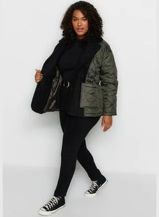 Khaki Neck Boucle Fabric Wide Fit Lined Coat