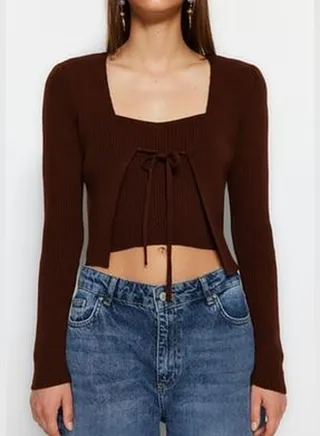 Brown Crop Tie Detail Blouse-Covered Knitwear Set TWOSS21HI0002