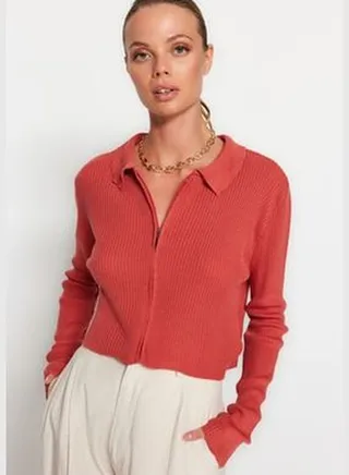 Dried Rose Crop Zippered Knitwear Cardigan TWOAW21HI0154