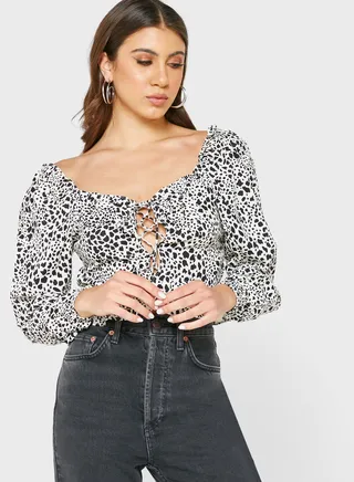 Balloon Sleeve Ruffle Detail Crop Top