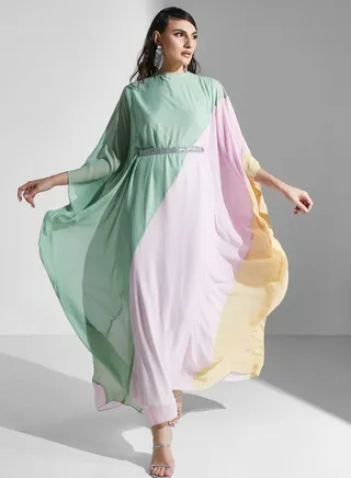 Color Block Belted Jalabiya