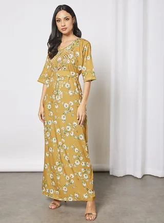 Floral Jalabiya With Embroidery And With Belt